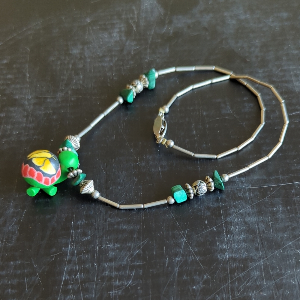 Adorable Handcrafted resin Turtle Pendant Necklace - Green and Silver